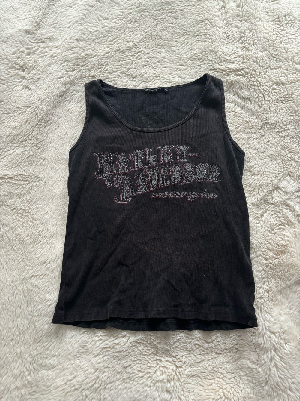 VTG Y2K Harley-Davidson Black Graphic Print Embellished Ribbed Tank Top